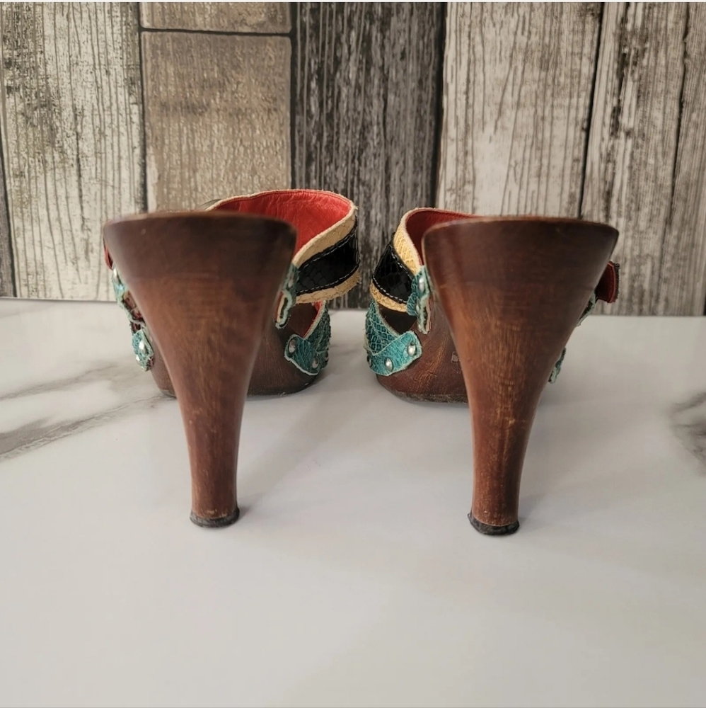 Isabella Fiore Sandals Size 7 Wood Leather Slip On Open Slides Heels 3.5" Multi - Picture 5 of 11